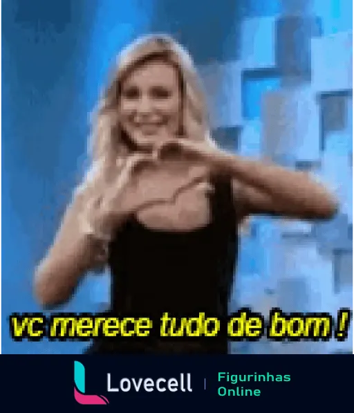 FELIZ ANIVERSÁRIO DA ANDRESSA: mulher loira fazendo coração com mãos e mensagem de incentivo 'vc merece tudo de bom!' em texto amarelo.