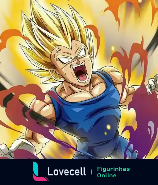 Imagem do Super Vegeta durante uma transformação intensa, com cabelo loiro espetado, músculos proeminentes e expressão de força.