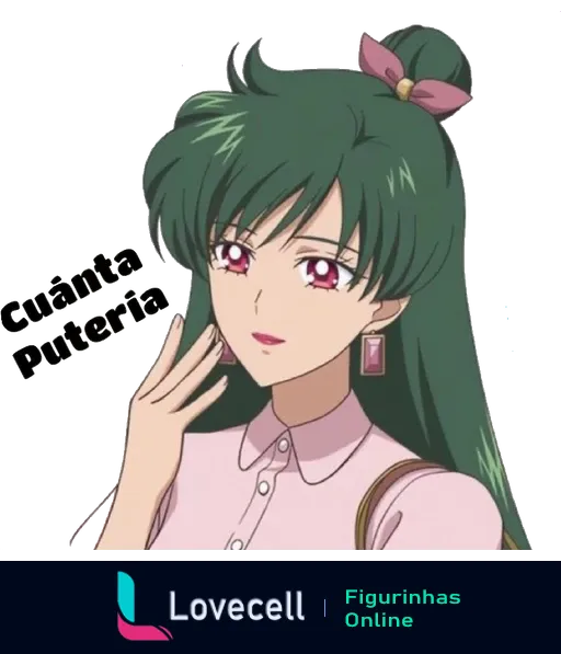 Personagem Sailor Pluto, de Sailor Moon, com cabelo verde e laço rosa, com expressão confiante e a frase 'cuánta pillería'.