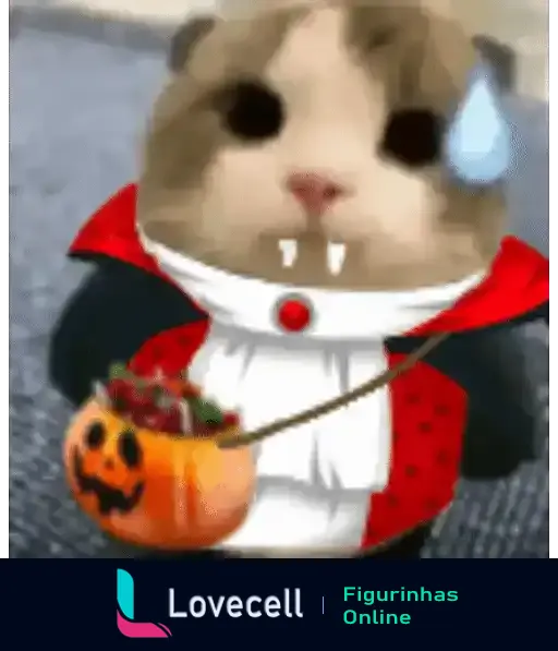 Hamster vestido de vampiro com capa vermelha e colarinho branco, segurando um balde de abóbora cheio de doces, com uma gota de suor na cabeça durante o Halloween.