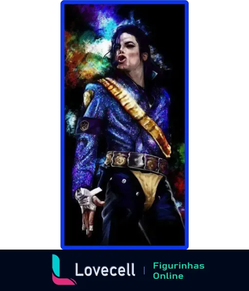 Figurinha do Michael Jackson em uma performance vibrante, usando jaqueta azul brilhante e cinto dourado, com fundo colorido e dramático.