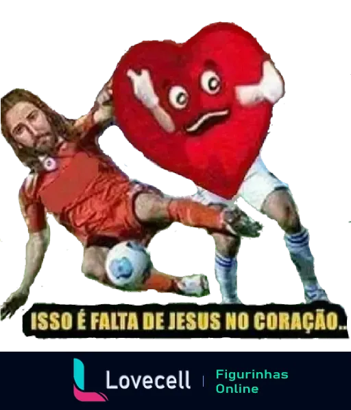 Imagem cômica de jogador de futebol desviando de um coração gigante com rosto que o abraça, com texto 'ISSO É FALTA DE JESUS NO CORAÇÃO'