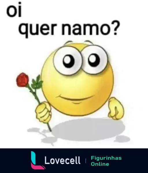 Emoji amarelo sorridente segurando uma rosa, com olhos grandes e mensagem 'oi quer namo?' acima. Popular em memes e mensagens românticas.