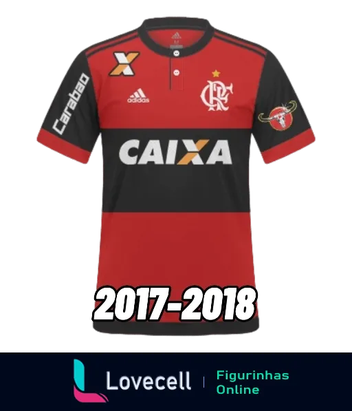 Figurinha do uniforme do Flamengo 2017-2018, vermelho e preto, da Adidas, com logos da Caixa, Carabao e Tim no equipamento