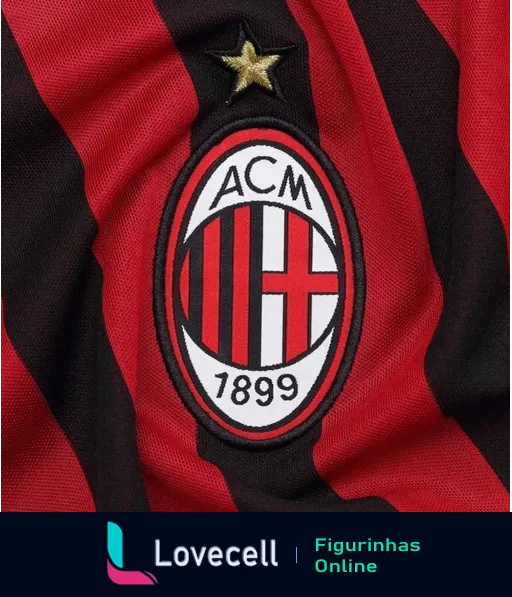 Emblema do AC Milan com iniciais ACM e ano de fundação 1899 em camisa listrada vermelho e preto, estrela dourada acima