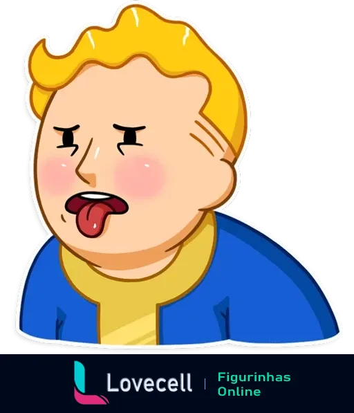 Desenho do Fallout Vault Boy com expressão desconfortável, língua de fora e bochechas vermelhas, como se estivesse enjoado.