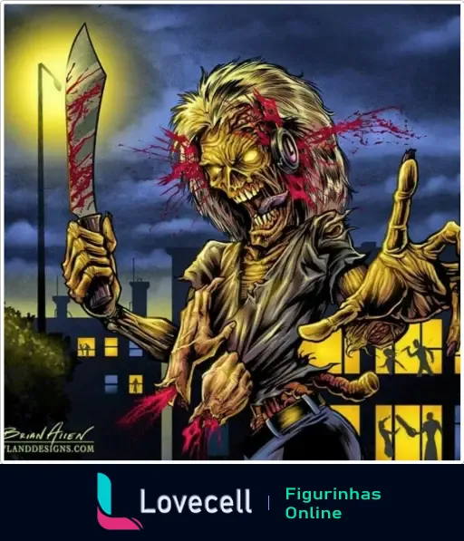 Arte de capa Iron Maiden, zumbi com faca ensanguentada; cidade ao fundo, design por Brian Allen