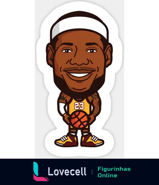 Desenho de Lebron James sorrindo, vestido com uniforme de basquete número 23, segurando uma bola de basquete e usando uma faixa na cabeça