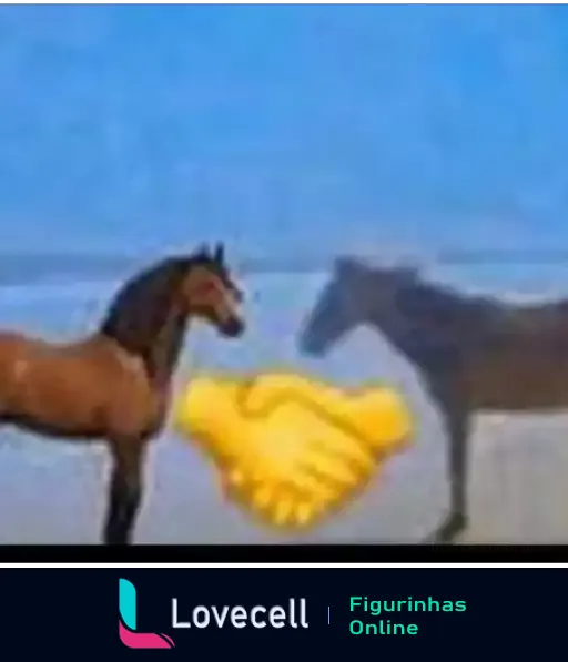 Imagem de dois cavalos em uma paisagem, com uma ilustração de um aperto de mão em amarelo no centro. Título: 'Cavalos dando aperto de mão'. Tags: 'cavalo, aperto de mão, meme'.