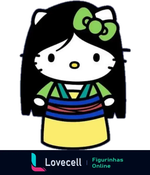 Imagem da Hello Kitty vestida com um hanbok colorido, traje tradicional coreano, e laço verde na cabeça.