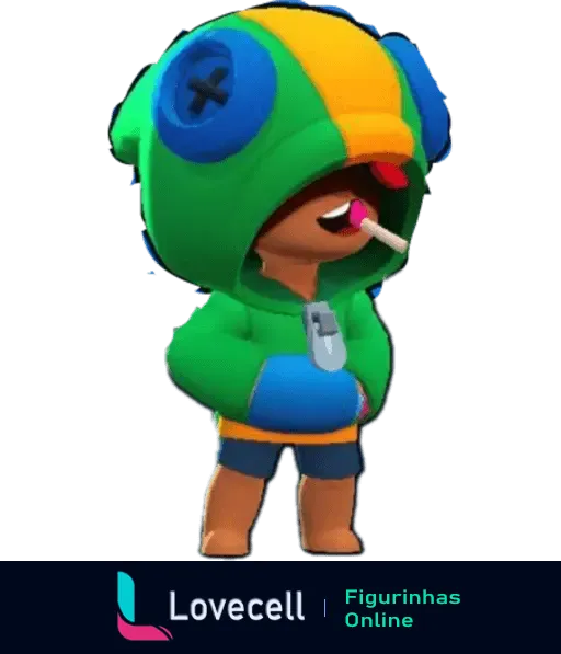 Personagem do jogo Brawl Stars vestindo um capuz verde e amarelo, segurando um pirulito na boca e parecendo animado.