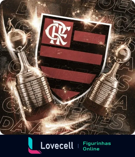 Escudo do Flamengo com duas taças da Libertadores ao fundo metálico e faíscas, com a palavra 'Campeões' em destaque