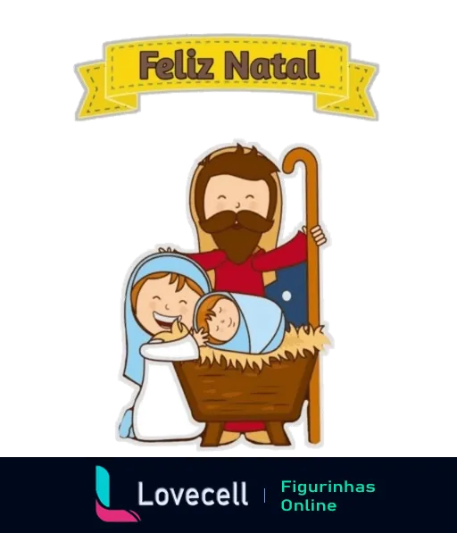 Figurinha do WhatsApp mostrando a Sagrada Família com Maria, José e o Menino Jesus sorridentes em um cenário natalino, com um banner amarelo escrito 'Feliz Natal'