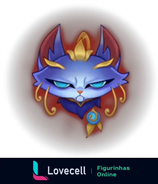 Emoji de um gato mágico azul com expressão séria e olhar penetrante, com ornamentos dourados e fundo vermelho, de League of Legends Emotes.