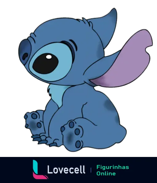 Imagem do Stitch, personagem da animação sentando com olhos grandes e orelhas levantadas, em posição adorável e fofa.