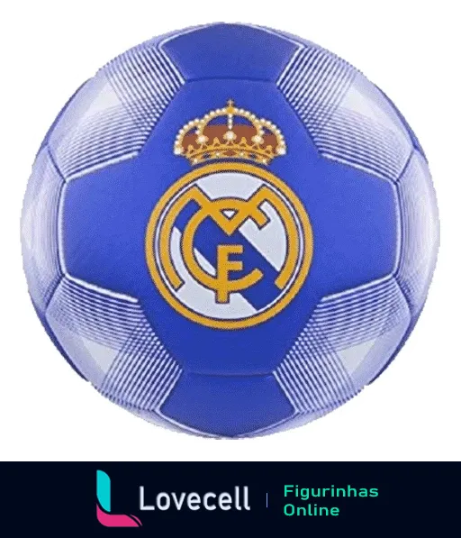 Figurinha de uma bola de futebol azul e branca com emblema do Real Madrid, coroa dourada e letras 'CF' no centro