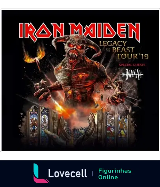 Capa do álbum Iron Maiden Legacy of the Beast Tour 2019 com imagem de demônio e vitrais em chamas.