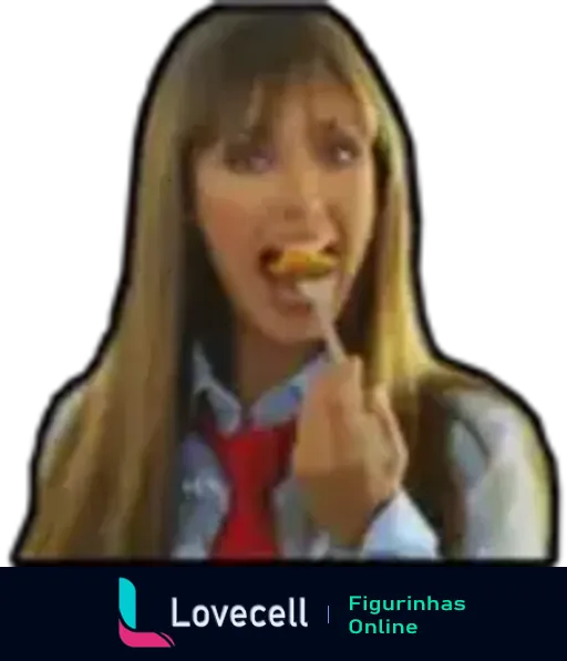 Anahí do RBD comendo batata frita, vestindo camisa jeans e gravata vermelha e azul, expressão séria, em um momento casual.