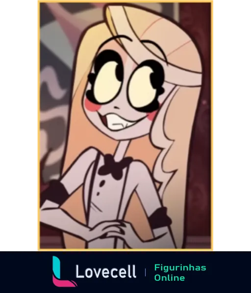 Personagem de Hazbin Hotel com um sorriso animado e olhos grandes, vestindo uma gravata borboleta e camisa branca.