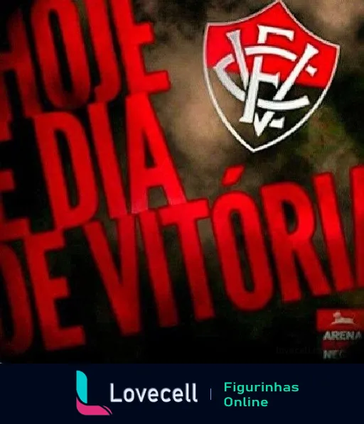 Figurinha do Esporte Clube Vitória com emblema em chamas vermelhas e a frase 'HOJE É DIA DE VITÓRIA', com fundo nebuloso e cores intensas simbolizando paixão pelo futebol