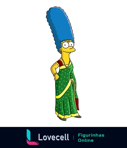 Marge Simpson vestida com sari indiano verde e dourado, usando acessórios tradicionais, cabelo azul alto