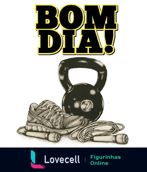 Figurinha fitness com 'Bom Dia', haltere kettlebell, tênis de corrida e corda de pular. Perfeita para inspirar exercícios matinais.