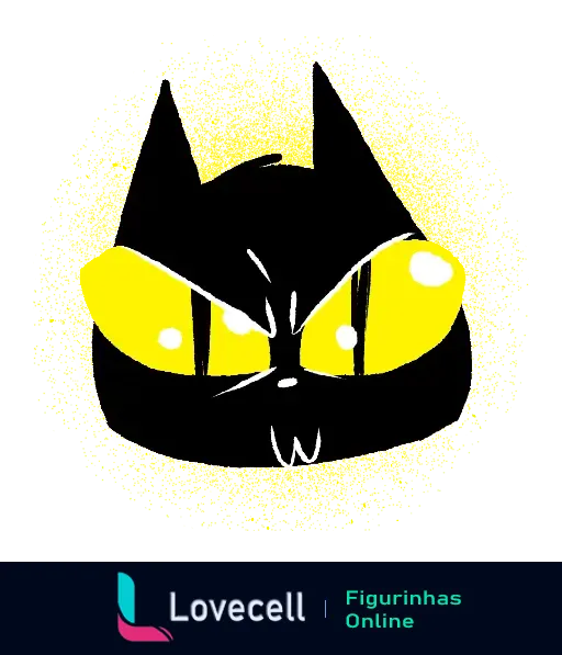 Ilustração de um gato preto com expressão intensa e olhos amarelos brilhantes, em destaque no centro de um fundo amarelo.