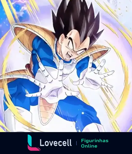 Imagem do Vegeta, personagem da série Dragon Ball, em uma pose de ataque, vestindo armadura de batalha azul e dourada. Cena cheia de energia.