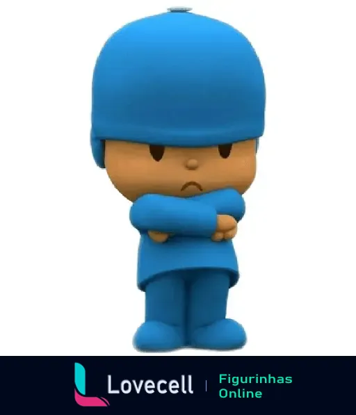 Personagem Pocoyo em pose séria com braços cruzados, vestido totalmente de azul, transmitindo uma expressão de descontentamento ou reflexão.