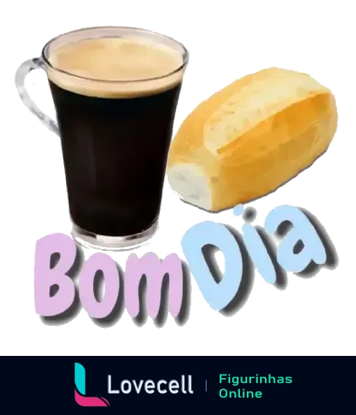 Figurinha de 'Bom Dia' com xícara de café preto e pão francês ao lado, sob inscrição colorida