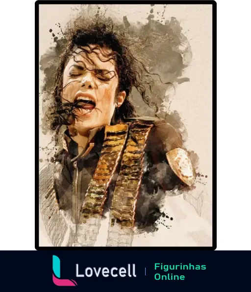 Arte intensa de Michael Jackson em uma performance, destacando seu icônico figurino militar e cabelo esvoaçante.