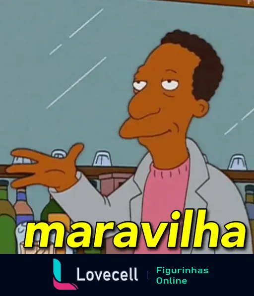 Personagem de desenho animado em um ambiente de bar dizendo 'maravilha' com expressão de satisfação.