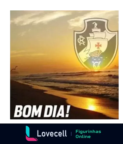 Figurinha de Bom Dia com escudo do Vasco da Gama sobre fundo de praia ao nascer do sol