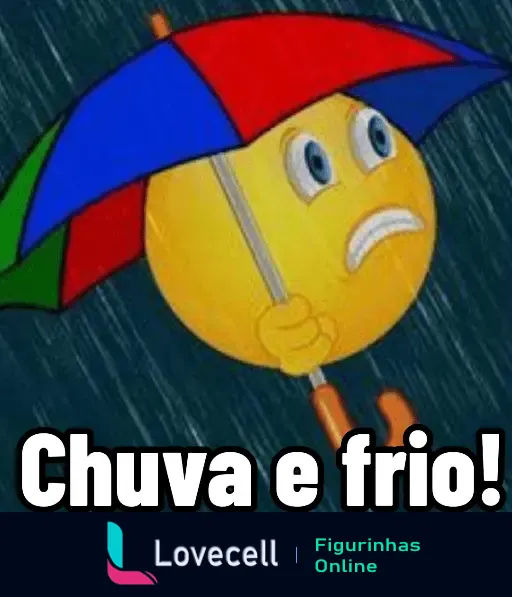 Emoji preocupado segurando um guarda-chuva colorido em um dia de Tempo Sol e chuva, mostrando a mensagem 'Chuva e frio!'.