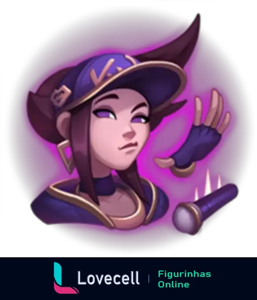 Emote de League of Legends mostrando uma personagem com expressão descolada, usando boné e luvas, em fundo roxo vibrante.