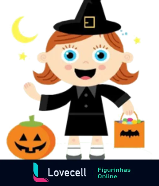 Figurinha de Halloween com jovem bruxinha ruiva, trajes, chapéu preto, segurando abóbora esculpida e cesto decorado com morcegos