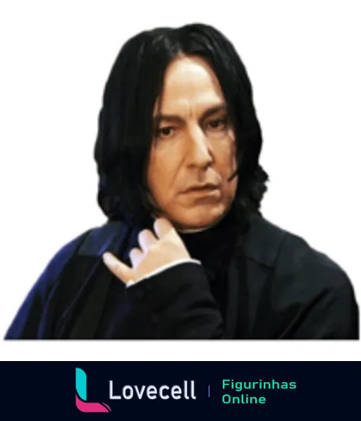 Figurinha de WhatsApp do Severus Snape sério, personagem de Harry Potter, vestido com trajes de professor de Hogwarts, expressão intensa e postura imponente