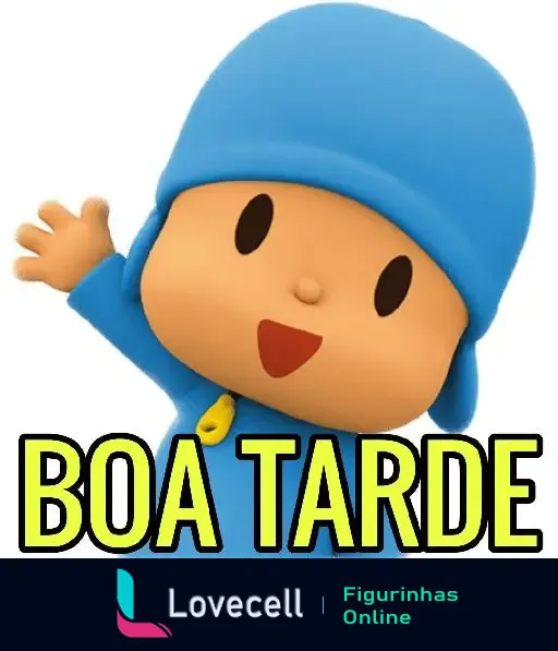 Animação do personagem infantil Pocoyo vestido de azul, acenando com a mão direita e sorrindo. Texto visível: 'BOA TARDE'.