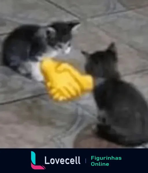 Dois gatinhos se cumprimentando com um aperto de mão em um ambiente interno. Ótimo para expressar acordo ou amizade.