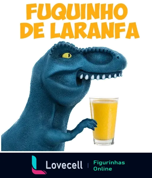 Dinofauro azul segurando copo de suco de laranja com texto 'Fuquinho de Laranja' em letras amarelas e brancas