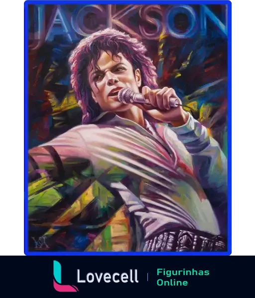 Figura colorida de Michael Jackson cantando com energia, com microfone na mão e fundo vibrante, destacando o nome 'Jackson'.