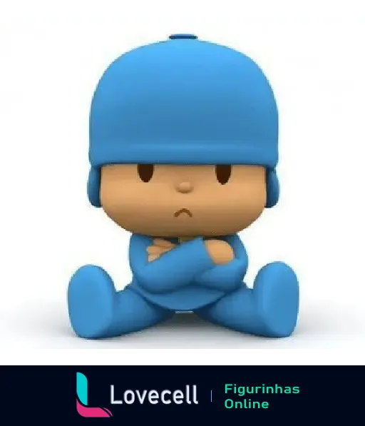 Pocoyo sentado no chão, braços cruzados e expressão brava, usando roupa e chapéu azuis. Personagem fofo de programa infantil.