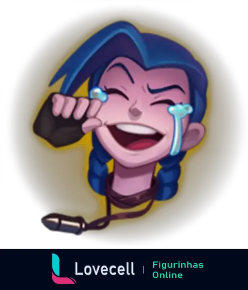 Emote do League of Legends mostrando personagem rindo intensamente com lágrimas nos olhos, cabelo azul e expressão divertida.