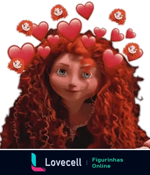 Figurinha da Merida apaixonada, do filme da Pixar, com expressão amorosa, cercada por corações vermelhos e emojis de coração, cabelo ruivo e ondulado complementando a atmosfera romântica