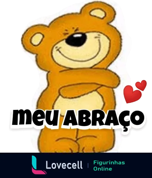 Figurinha de um urso de pelúcia sorridente com um olho fechado estendendo os braços para um abraço, com a frase 'meu abraço' em letras brancas