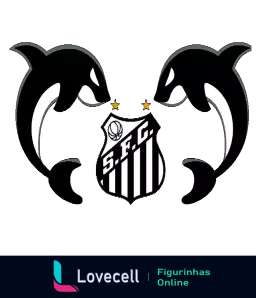 Escudo do Santos Futebol Clube com três estrelas acima e golfinhos em preto e branco ao lado