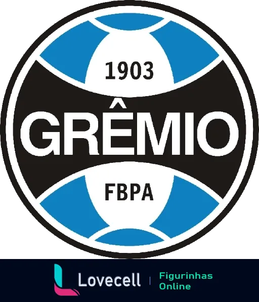 Escudo do Grêmio Foot-Ball Porto Alegrense com esfera azul, preta e branca e inscrições 'Grêmio' e 'FBPA'