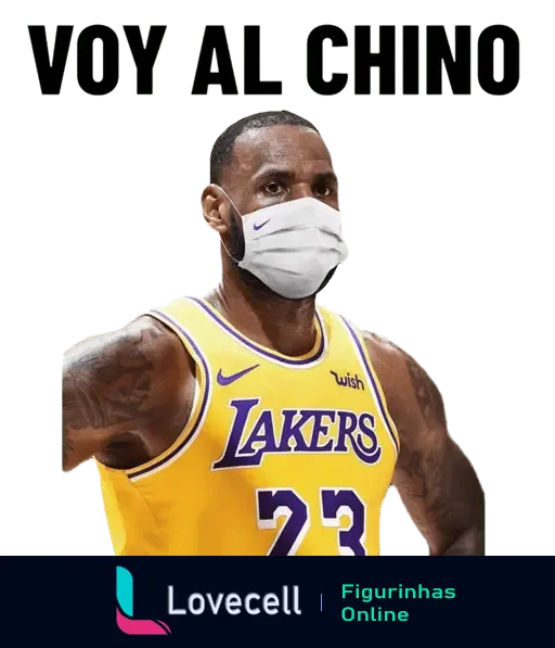 LEBRON JAMES vestindo camiseta dos Lakers e máscara facial, com texto 'VOY AL CHINO' acima, transmitindo uma mensagem de ida ao mercado.