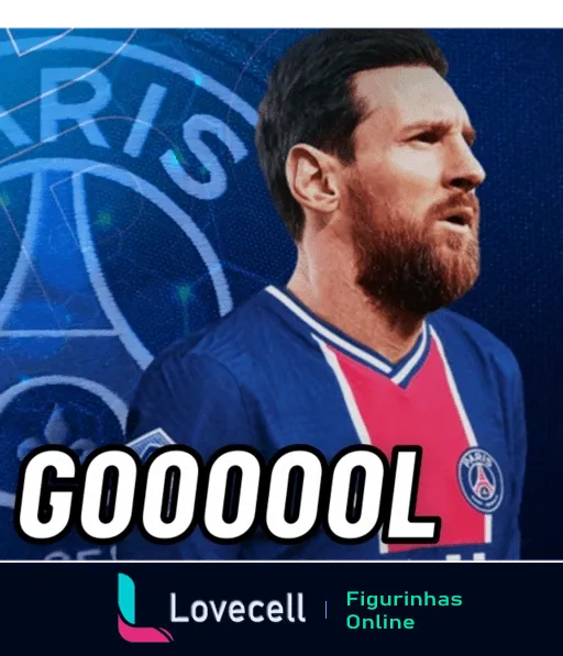 Figurinha de Lionel Messi celebrando um gol pelo PSG, vestindo o uniforme do time e com o texto 'GOOOOOL' em destaque