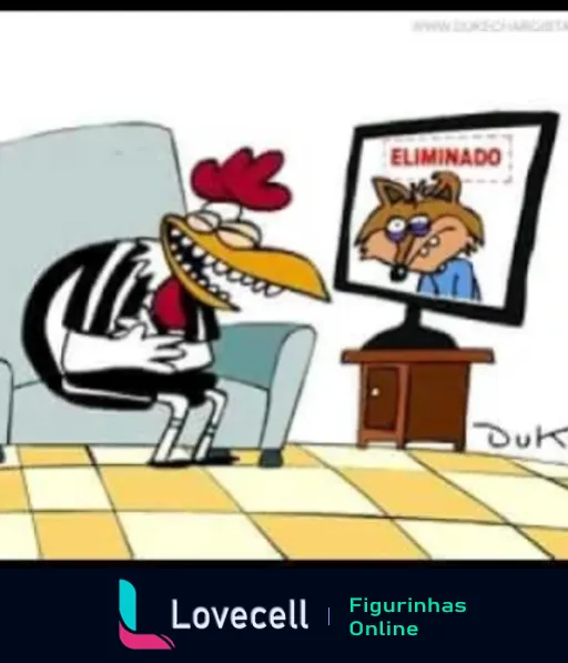 Figurinha de galo com camisa listrada preta e branca sentado assistindo TV que mostra lobo com a palavra 'Eliminado', indicando rivalidade esportiva